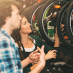 An employee and a customer in a bike shop